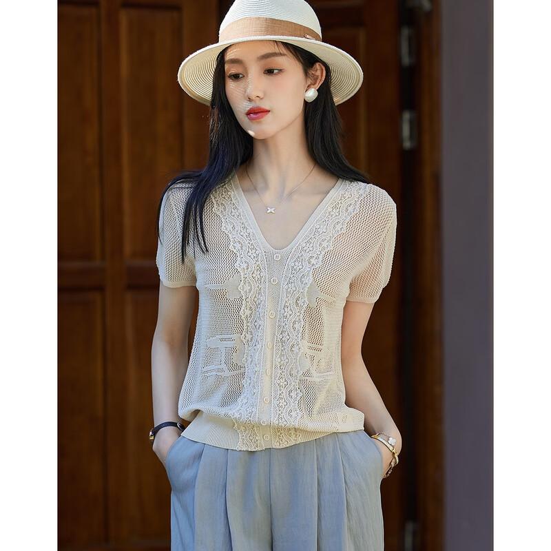 Demana Women's Summer V-Neck Lace Trim Knit Top