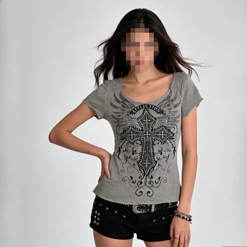 European and American Summer Gray Hot Stamping Diamond Print Temperament Slim Fit Gothic Y2K Women's T-shirt