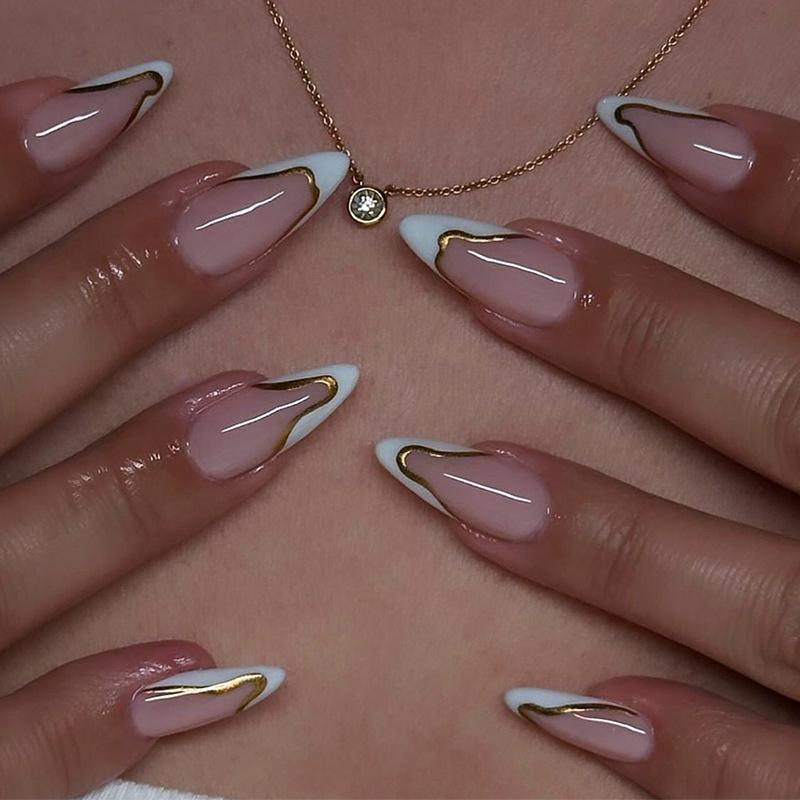 24 Pezzi Unghie Finte a Mandorla Lunga Bordo Bianco French Manicure Completa Semplice Indossabile