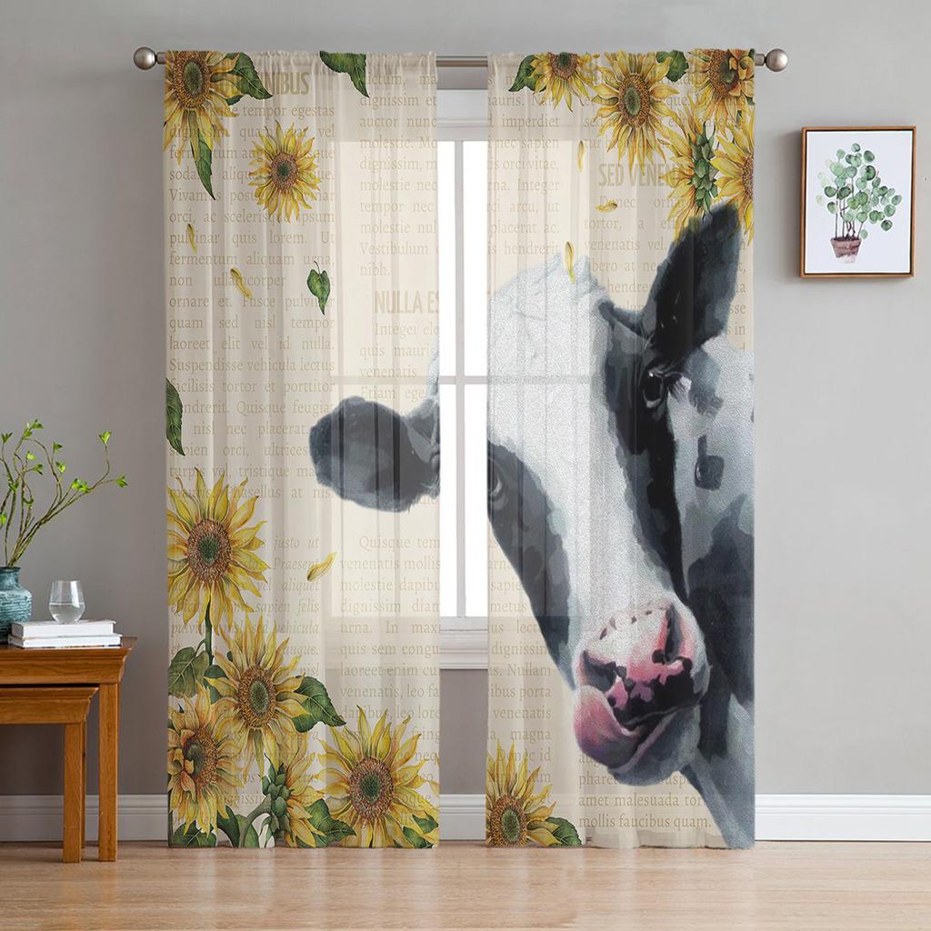 American Country Style Sunflower Cow Sheer Curtains for Living Room Modern Voile Curtain Bedroom Tulle Curtains Window Drapes