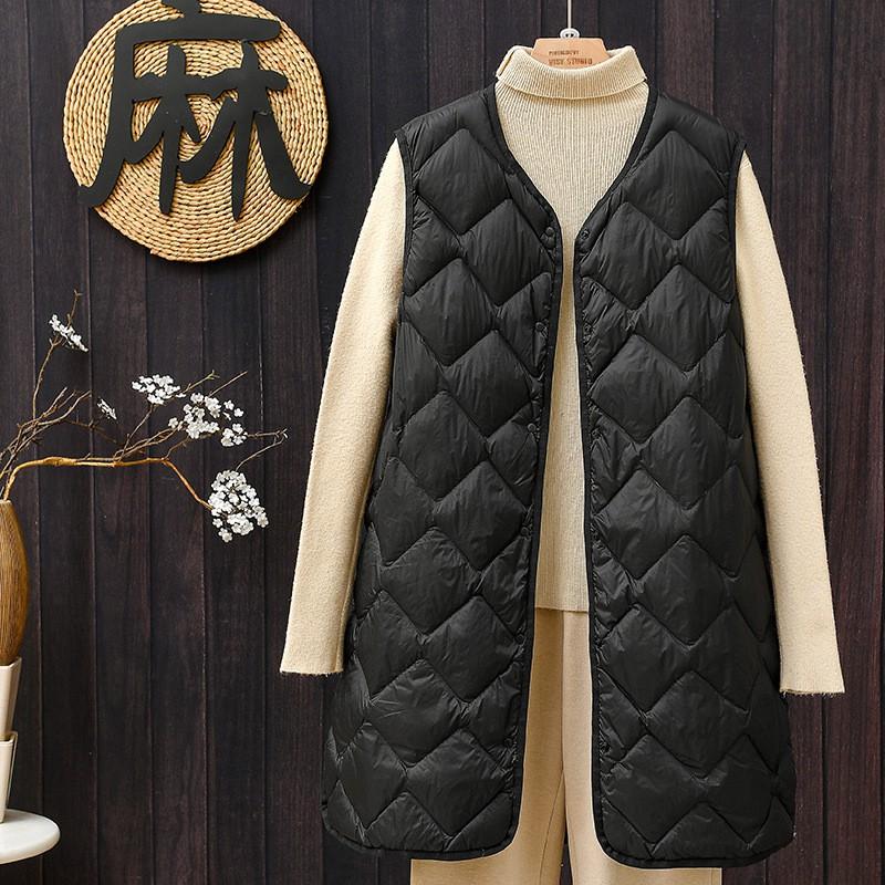 Womens Lightweight Down Vest Mid-Length V-Neck Sleeveless Puffer Waistcoat Winter Layering