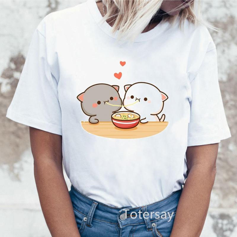 

Fashionable Women Harajuku Funny Peach Cat T-Shirt Ladies Streetwear Kawaii Pattern O-Neck T Shirt Tops Casual Women Tshirt XXXL білий
