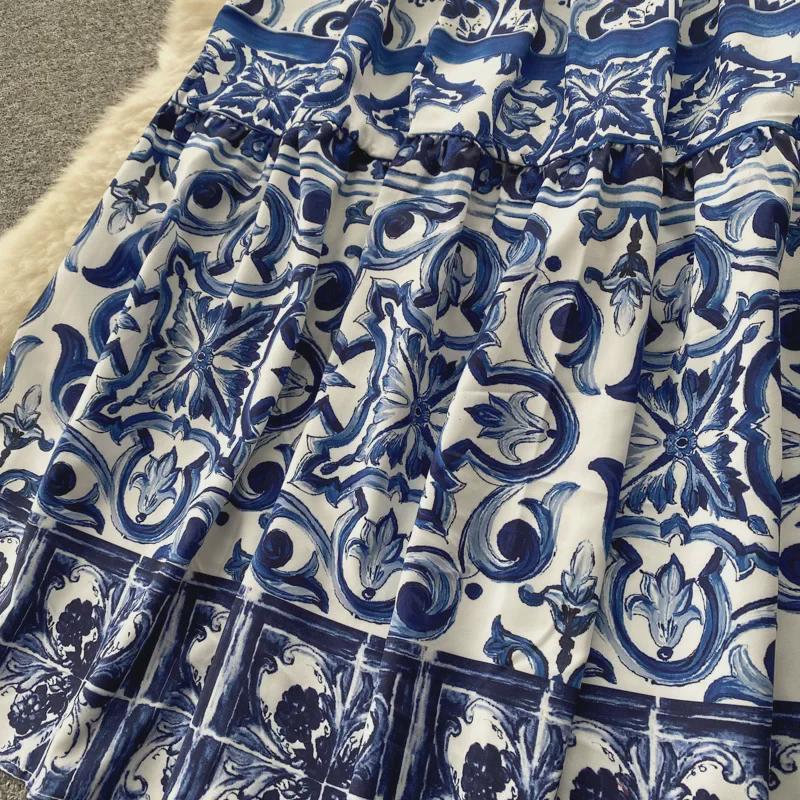 Blue & White Porcelain Print Camisole and High-Waist Midi Skirt Set for Women