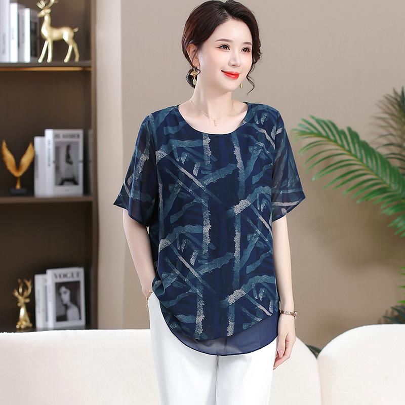 

Summer Women s Plus Size Chiffon Blouse T-shirt Retro Patterns Lapel Half Sleeved Tops Women s Clothing XL темно-синий