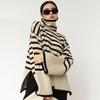 Women Fall Winter Sweater High Collar Neck Protection Contrast Color Striped Print Loose Knit Long Sleeve Split Hem Soft Warm Lady One Size Sweater