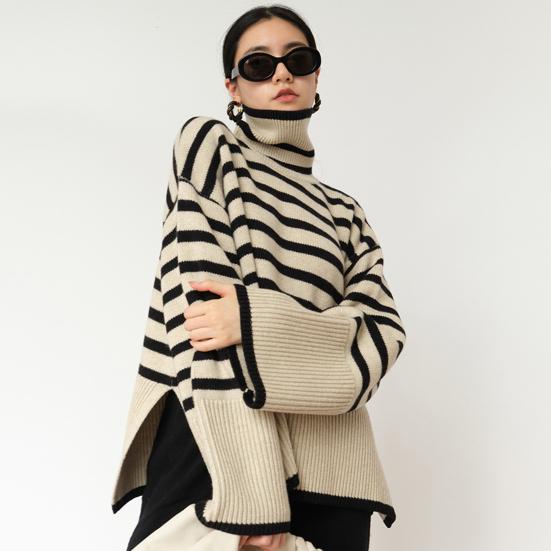 Women Fall Winter Sweater High Collar Neck Protection Contrast Color Striped Print Loose Knit Long Sleeve Split Hem Soft Warm Lady One Size Sweater