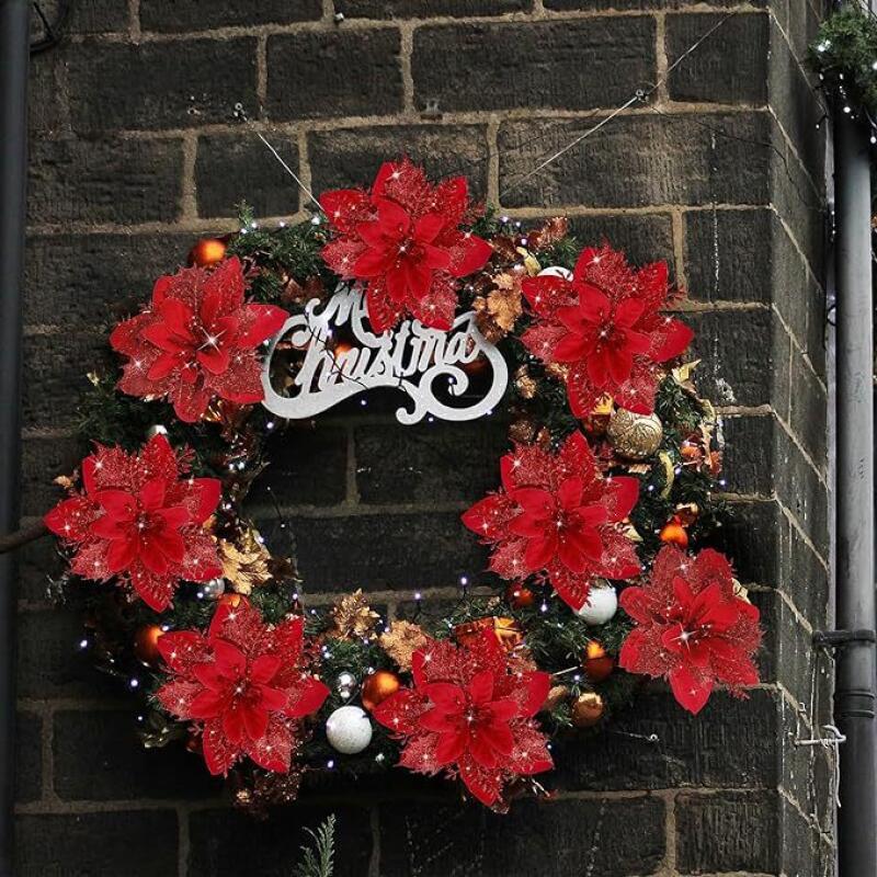 5/10/20Pcs Christmas Flower Ornaments,pink,red,gold,glitter Artifical Flowers for Christmas Tree,xmas Decoration for Home