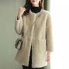 Winter Coat Round Neck Long Sleeve Single Breasted Plush Jacket with Pockets Solid Color Mid-length Imitation Fur Outerwear