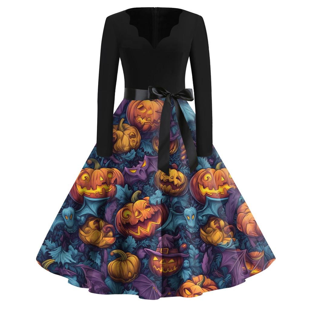 Women's Casual Fashion Halloween Printed V-Neck Vintage Dress
