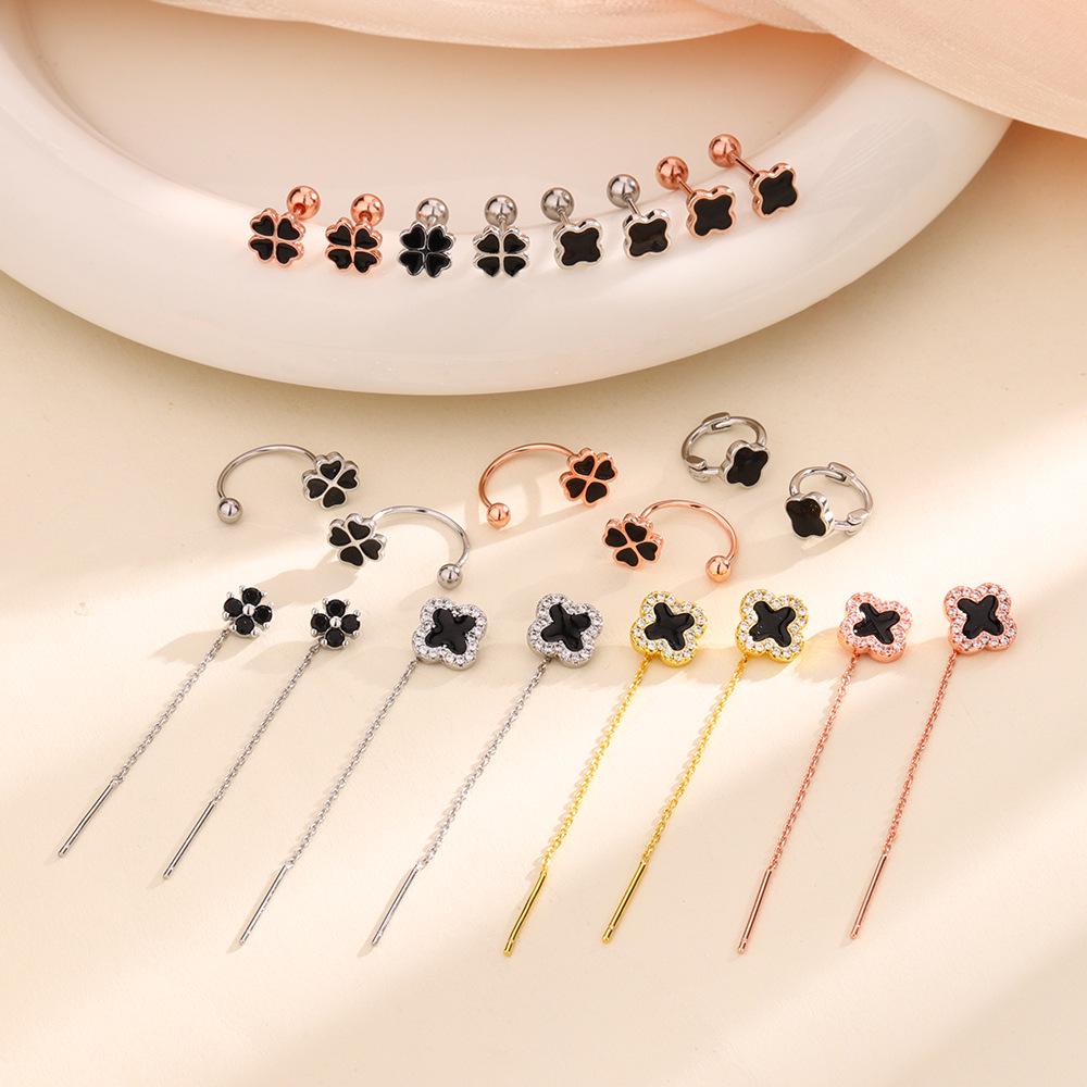Korean Four-Leaf Clover Tassel Earrings - Sweet Flower Studs in Classic Style