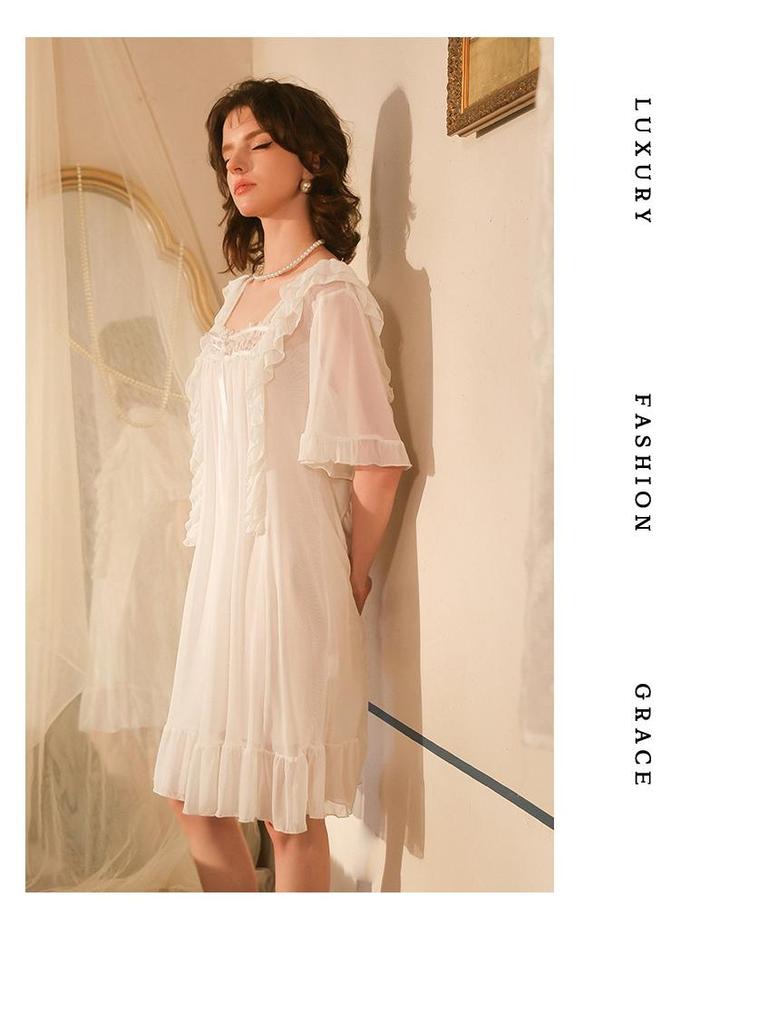 Women's White Fairy Net Yarn Nightgown – Square Neck, Ruffle, Loose Fit, Court Style Loungewear