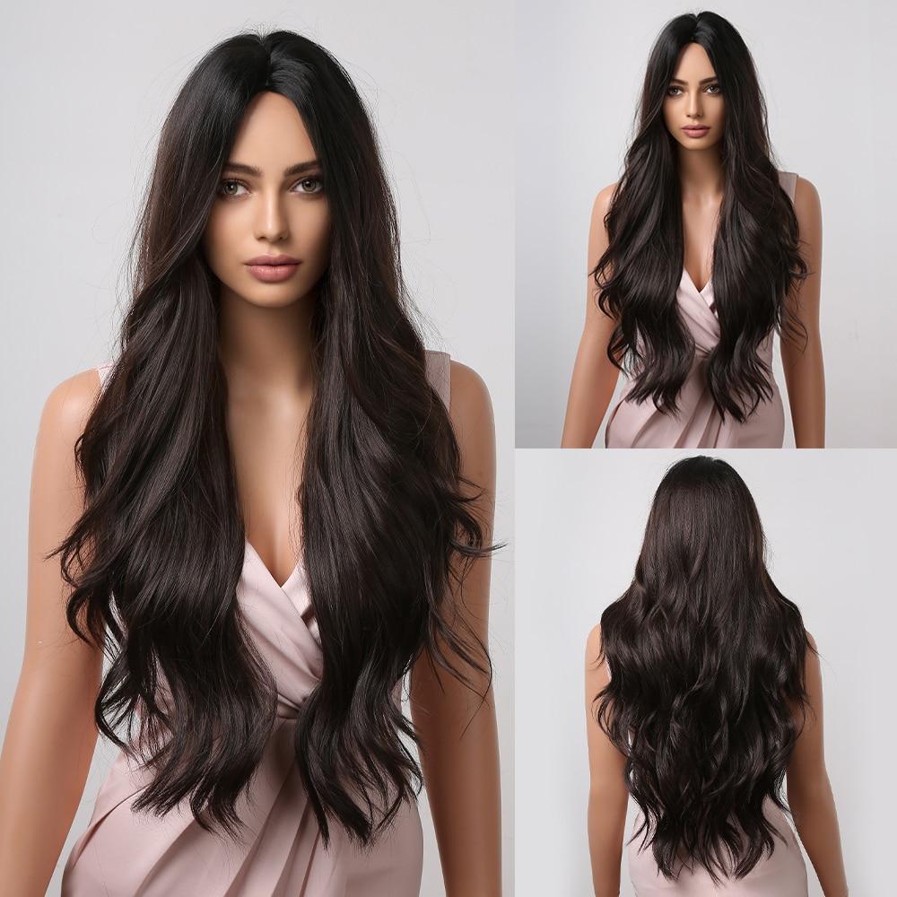 ALAN EATON Long Water Wavy Dark Brown Synthetic Wigs Middle Part Natural Looking Daily Party Wig for Women Heat Resistant Fiber