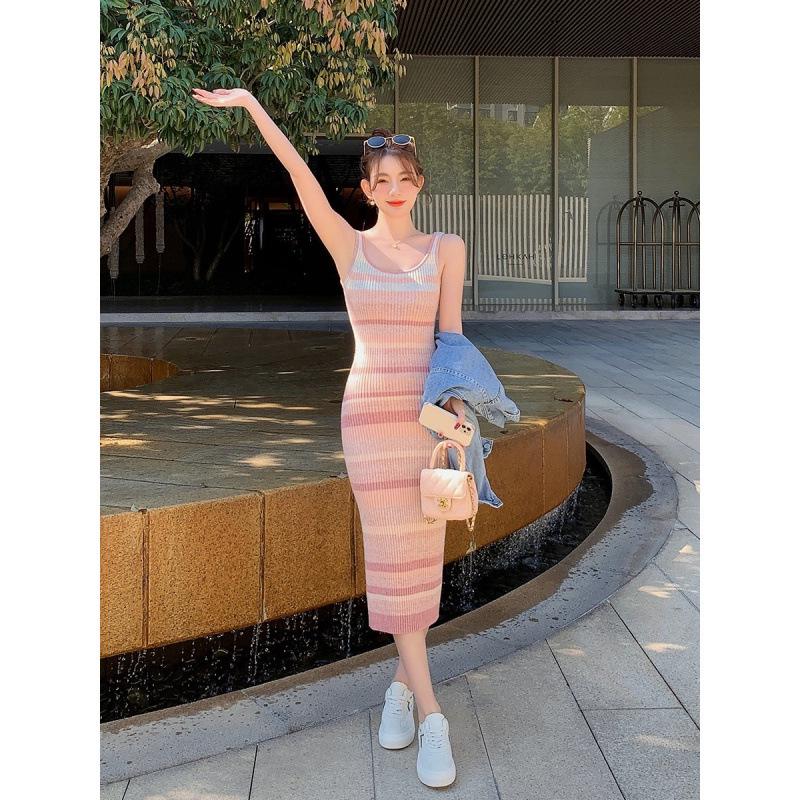 Women's Rainbow Stripe Sleeveless Knit Tank Dress - Slim Fit Summer Mid-Length