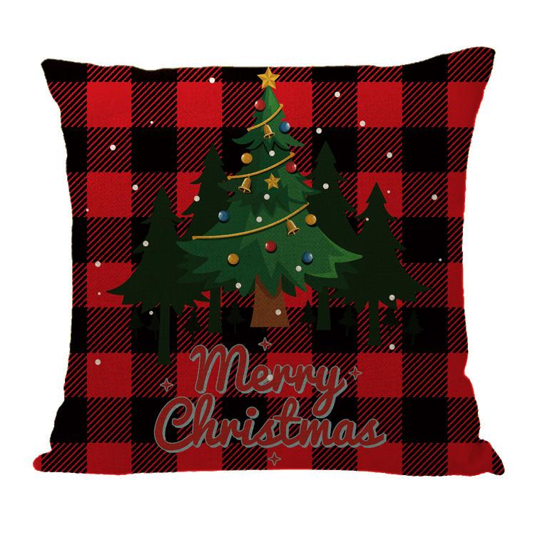 Red Plaid Sofa Linen Christmas Pillow Cover Reindeer Snowflake Home Cushion Cover