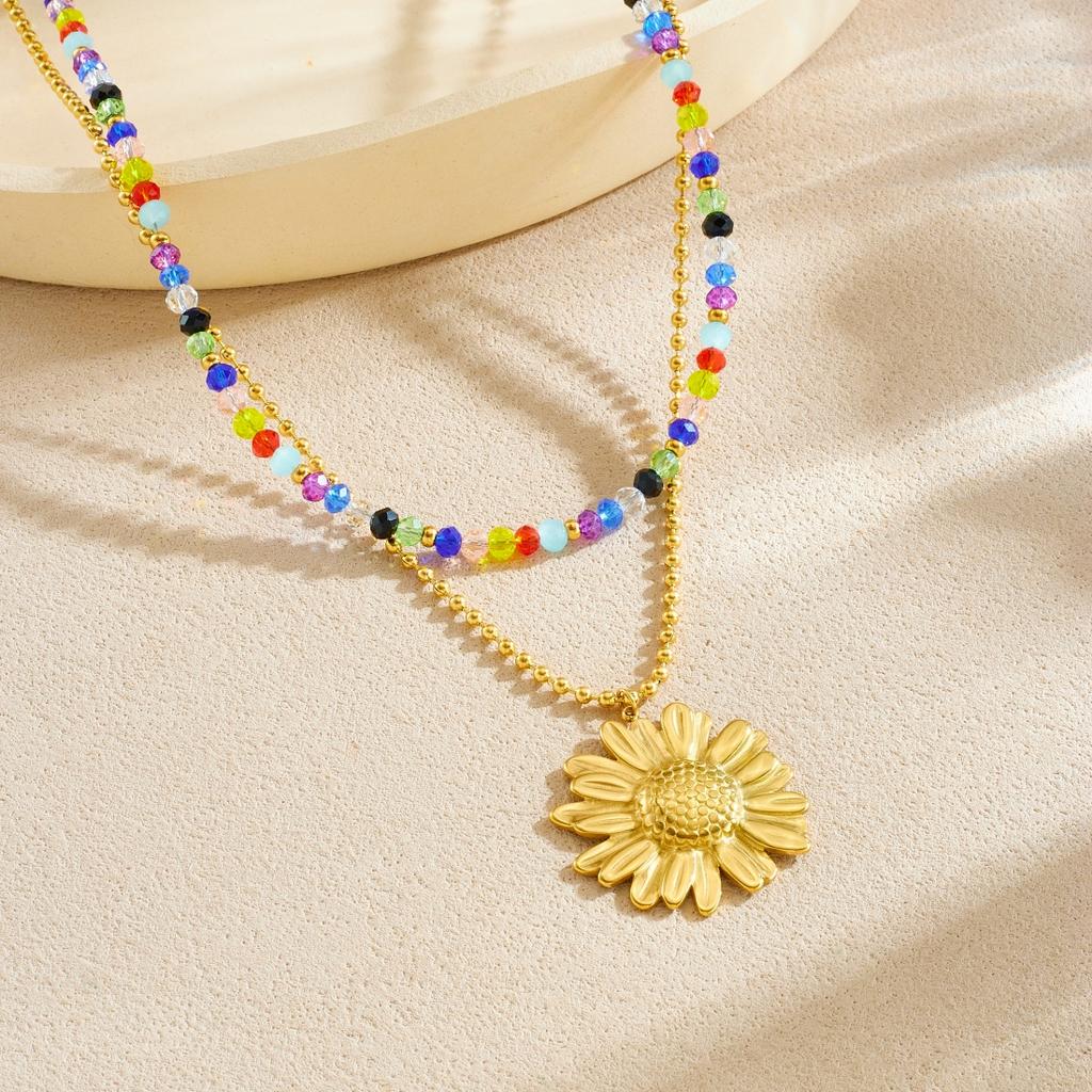 316L Stainless Steel Colored Glass Beads Exquisite Sunflower Pendant Necklace Women Novel Chic Clavicle Chain Jewelry