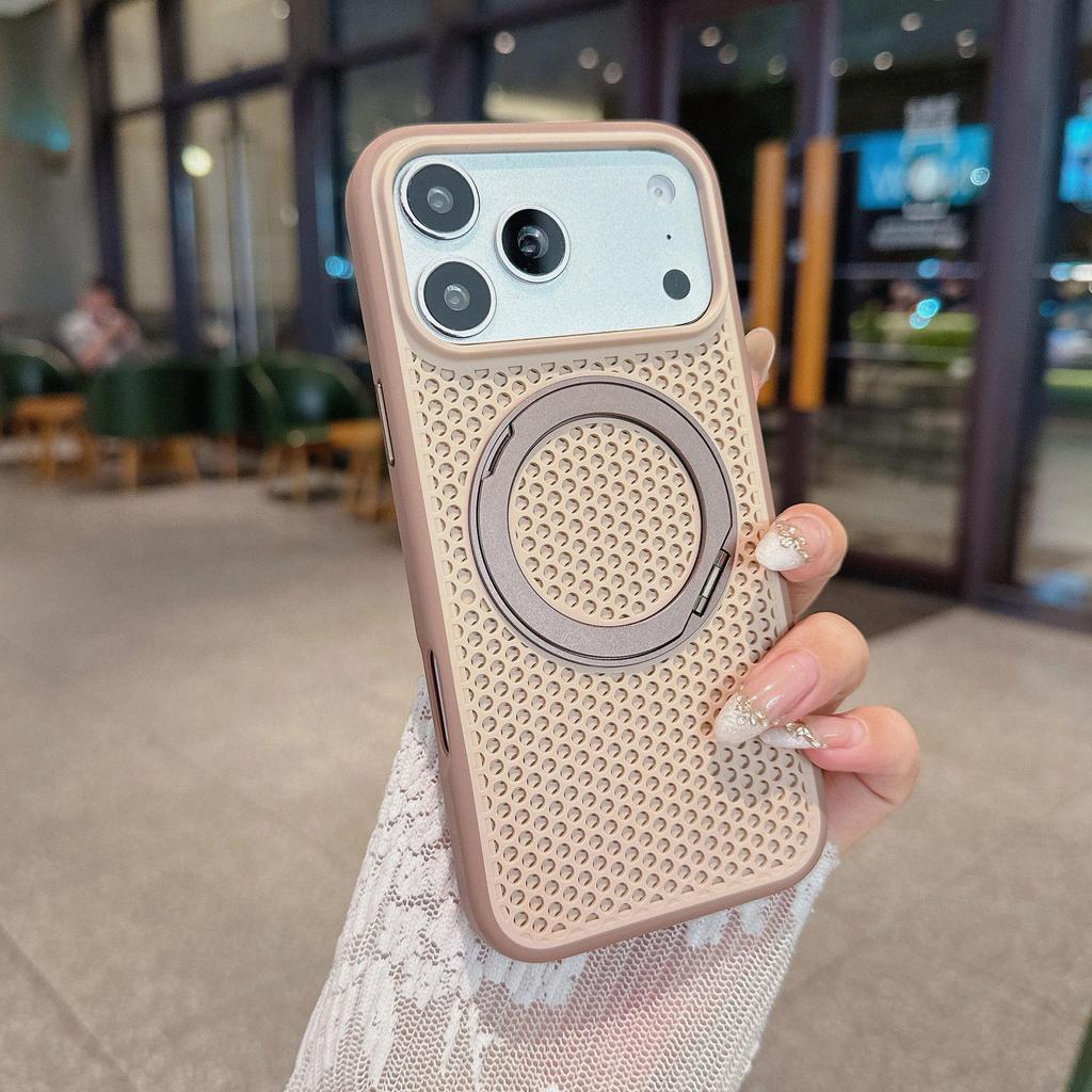 Magnetic Phone Case for iPhone 17 Pro Max with Honeycomb Heat Dissipation, 360° Rotating Stand, and Full Protection.