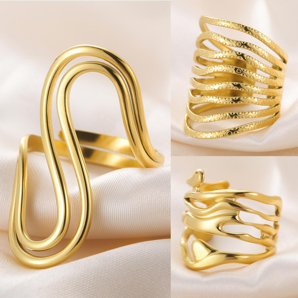 My Shape Exaggerated Geometry Rings for Women Stainless Steel Rings Girls Pinky Finger Ring Gold Color Jewelry Adjustable Size