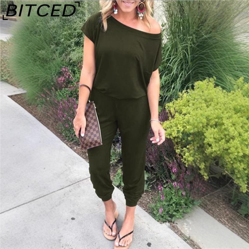 

BITCED Женский весенне-летний модный комбинезон с косыми плечами и короткими рукавами и карманами XXXL армия зеленый
