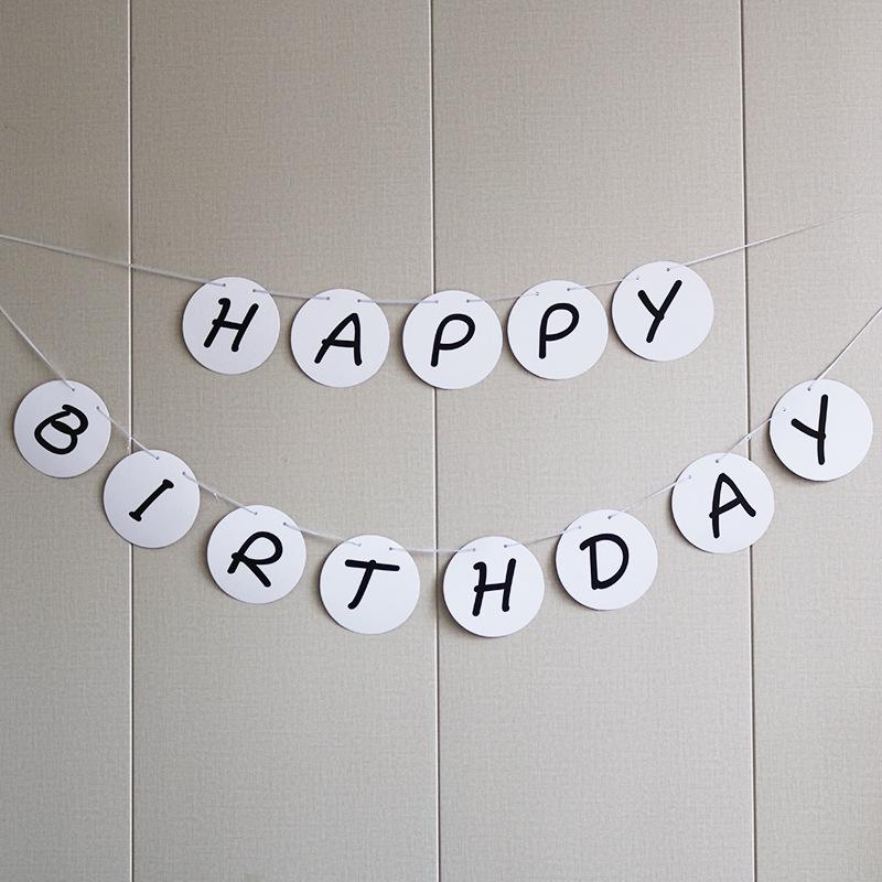 Happy Birthday White Round Banner with Pull Flags and Flowers