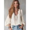 Women Casual Loose Bohemian Style V Neck 3 4 Sleeve Lantern Sleeve Shirt