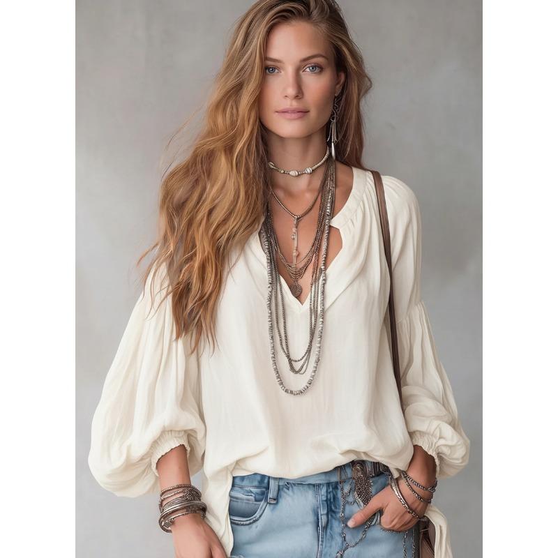 Women Casual Loose Bohemian Style V Neck 3 4 Sleeve Lantern Sleeve Shirt