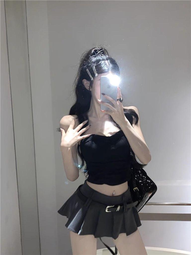 Gray Low Waist A-Line Pleated Midi Skirt for Women, Korean Style 2025 Summer Fashion, Versatile and Slimming Mini Skirt.