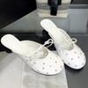 Luxury Rhinestone Bow High Heel Shoes for Woman Round Toe Thin Heel Designer Slide Sandals Fashion Shallow Comfort Women Sandals