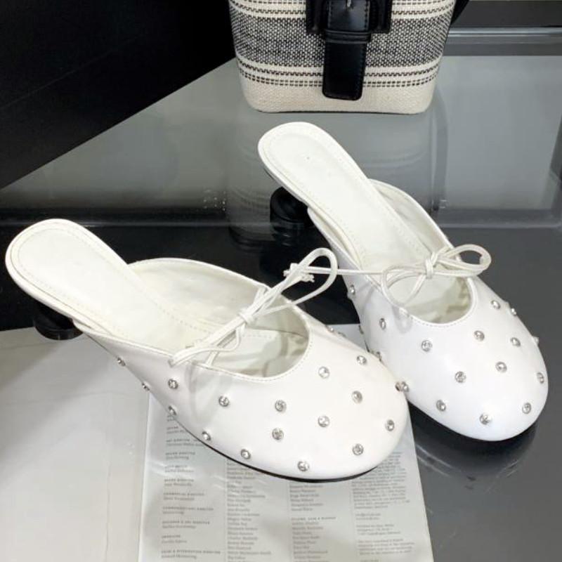 Luxury Rhinestone Bow High Heel Shoes for Woman Round Toe Thin Heel Designer Slide Sandals Fashion Shallow Comfort Women Sandals