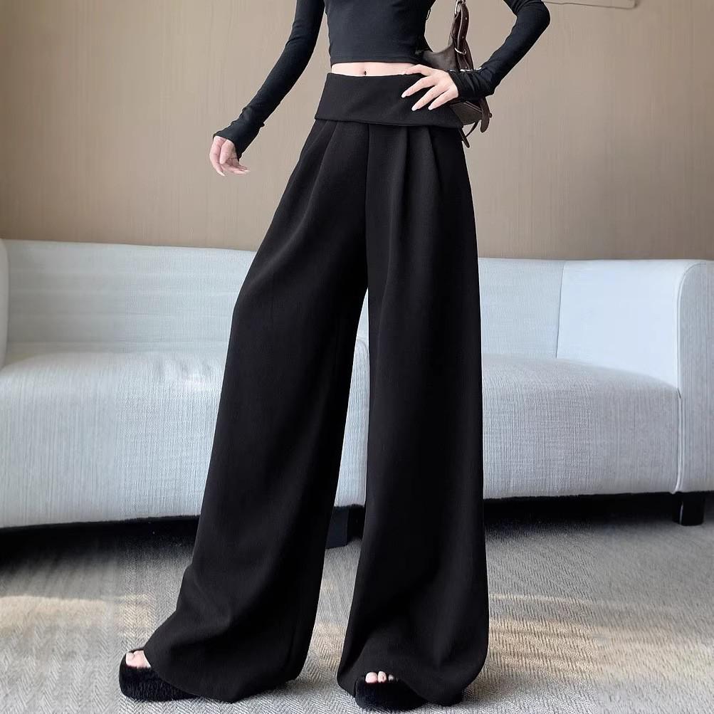 Women s High-Waisted Wide-Leg Pants with White Cuff Design - Spring/Summer Fashion Small