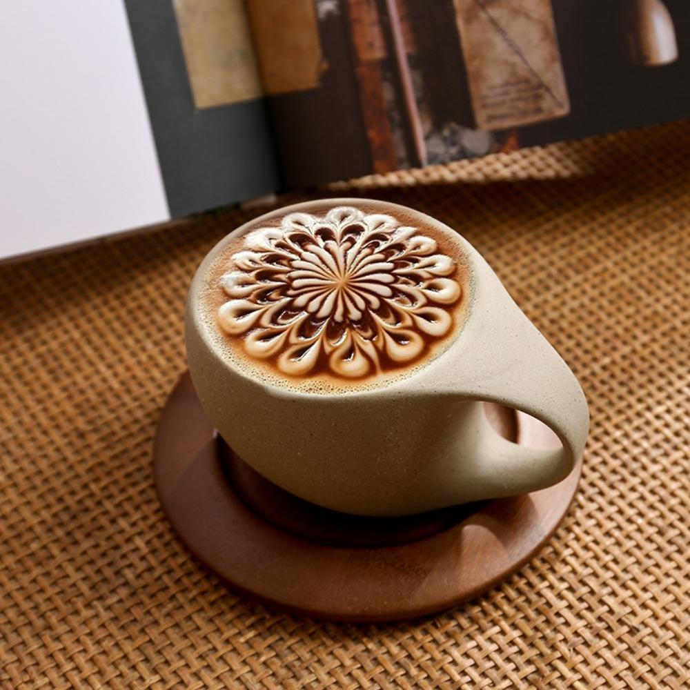 Mit Holzuntertasse Grobkeramik Moderne Kunst Kaffeetasse Abgerundeter Griff Keramik-Teetasse Nachmittagstee