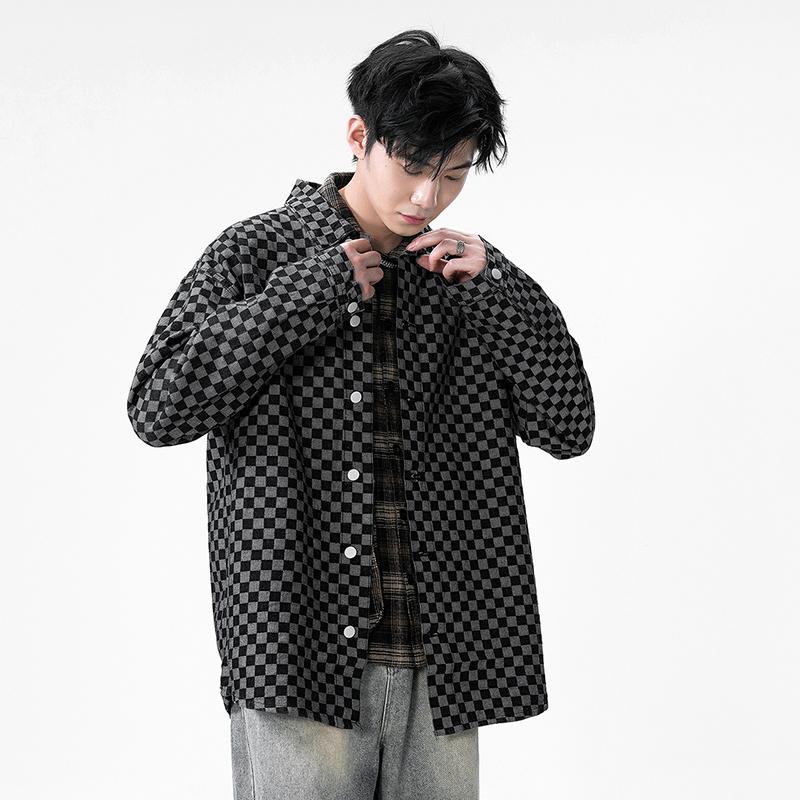 Checkerboard American Workwear Denim Shirt Men's Long-sleeved Casual Shirt Retro Trendy Jacket