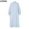 VONDA Elegant Women Lapel Neck Long Sleeve Casual Long Shirts Dress