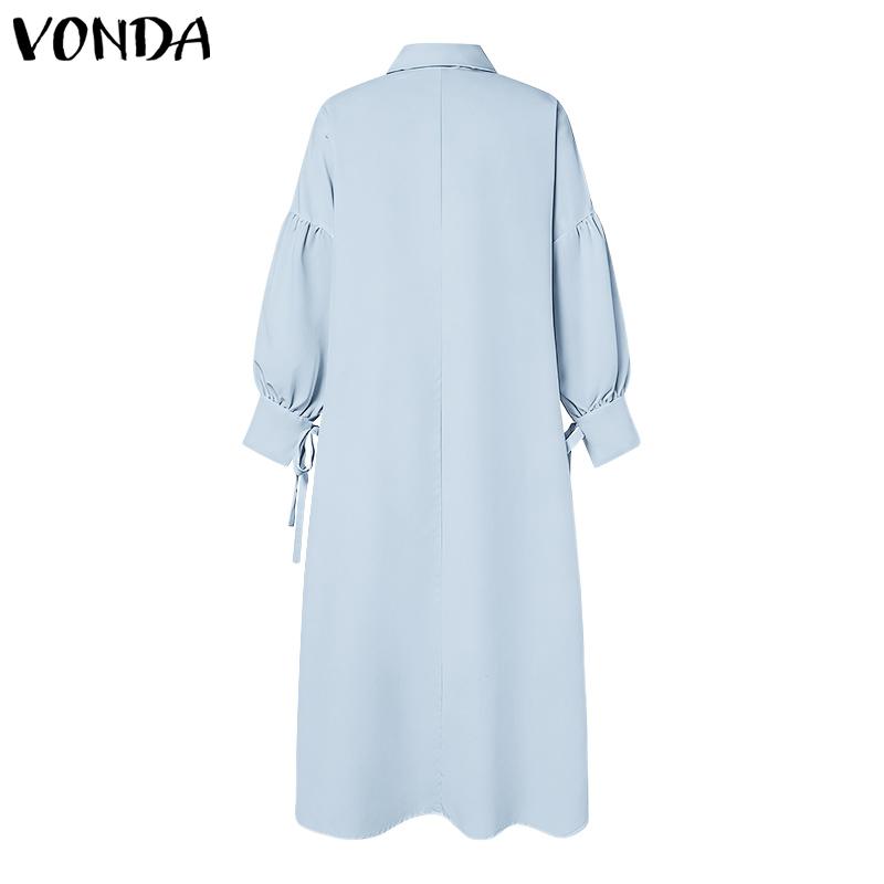 VONDA Elegant Women Lapel Neck Long Sleeve Casual Long Shirts Dress