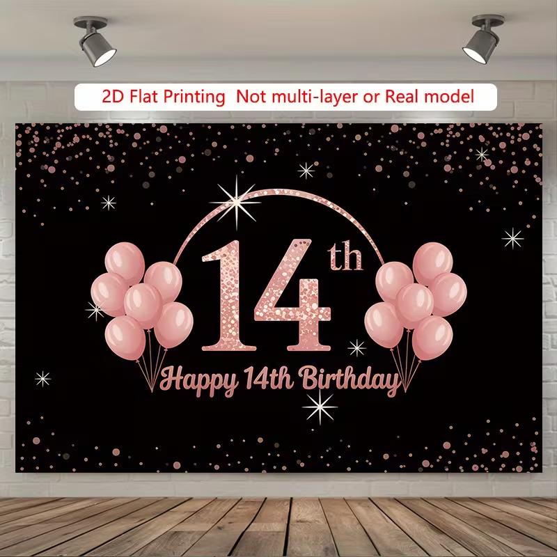 Sfondo 2D per Festa di 14° Compleanno, Sfondo Fotografico con Palloncini Nero Oro Rosa