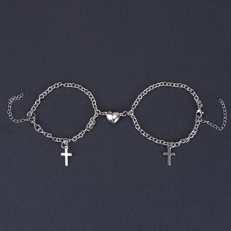 European & American Magnetic Love Lock Bracelet Pair: Stainless Steel Heart-Key Design for Couples