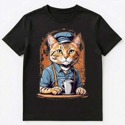 Cute Barista Cat With A Cup Of Coffee Graphic Design Unisex T-shirt Tops Tees Unisex