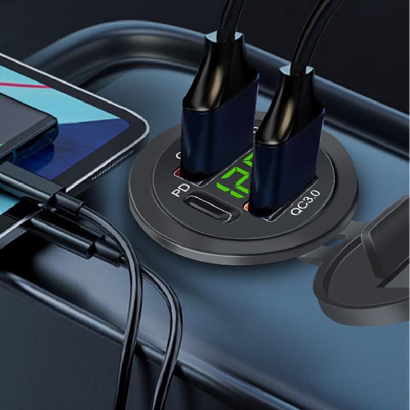 USB Charging Socket 12V-24V USB Power Outlet Double QC3.0+Double PD Type-C Outlet with Caps Voltmeter USB Port for Car