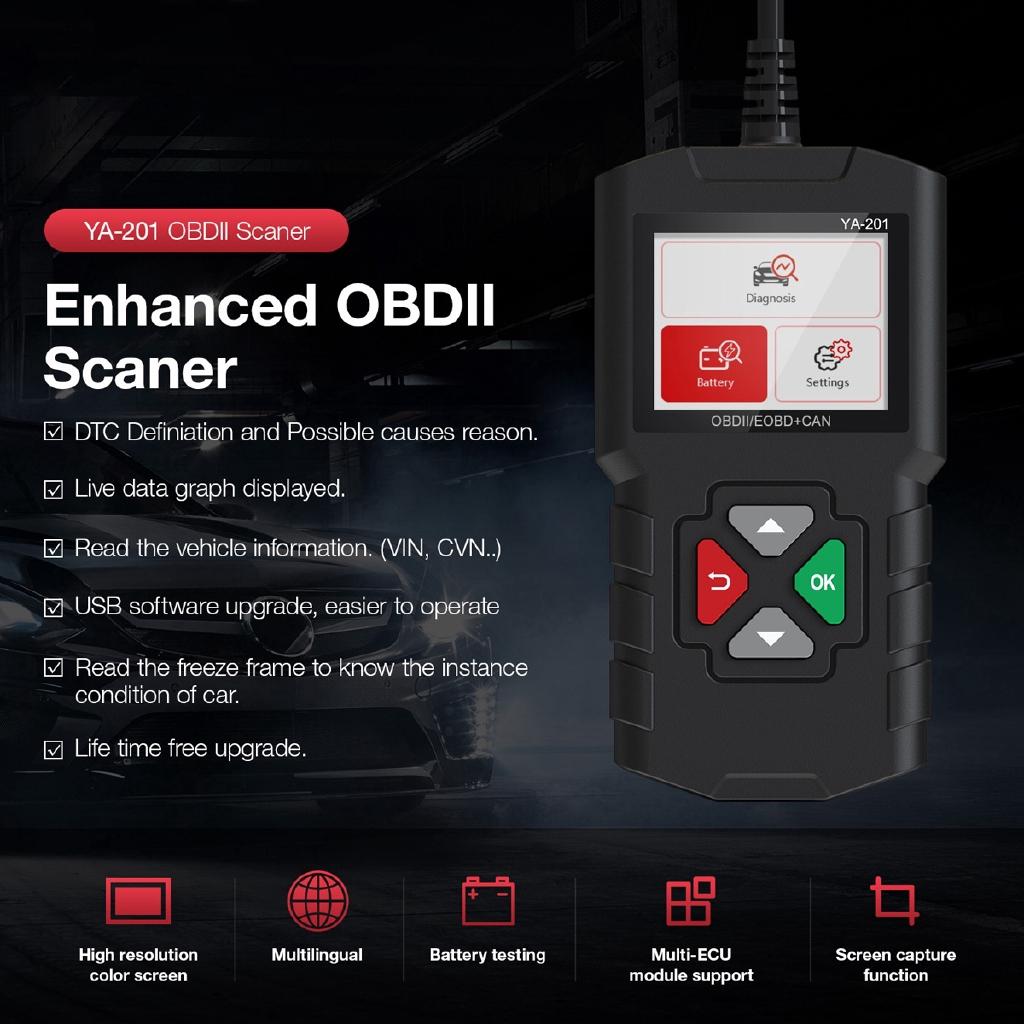 YA-201 OBD2 Car Auto Diagnostic Tool Fault Error Codes Read Clear OBD Automotive Scanner Support for Multiple ECU Modules 12V