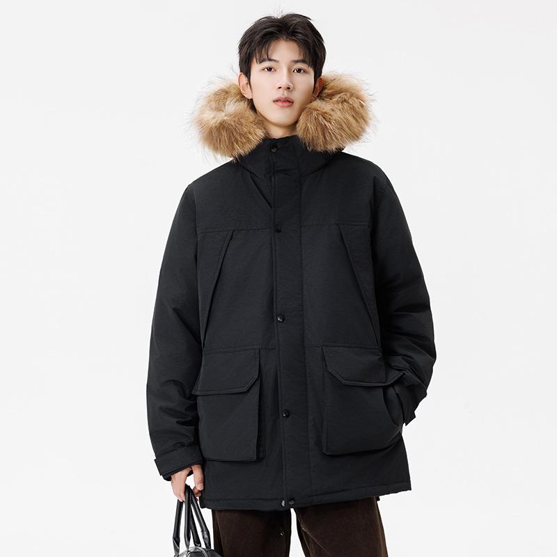 Men's Trendy Long Down Jacket with Fur Collar - 90% Duck Down, Thickened Winter Coat, Versatile and Warm.