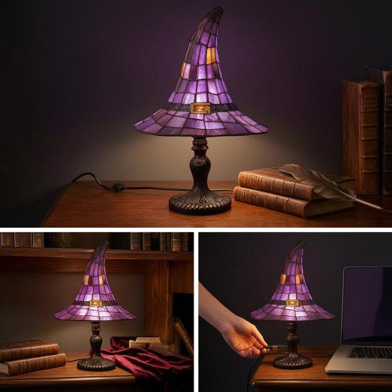 Yousheng Buntglas Hexenhut Lampe, USB-betriebenes Nachtlicht, Handgefertigte Harz-Buntglas Schreibtischlampe, Halloween Gothic Dekor für Schlafzimmer