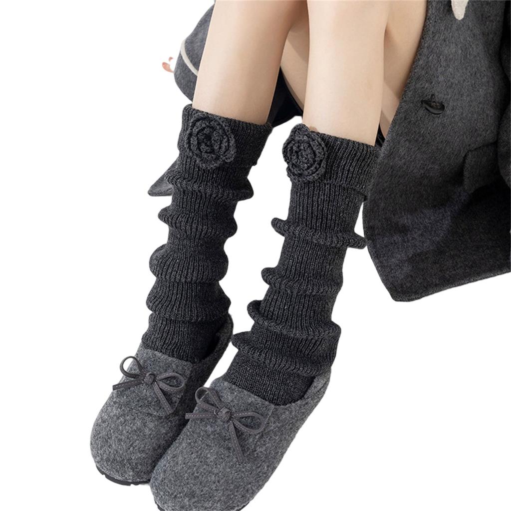 Casual Elegant 3D Flower Decorated Leg Warmers Soft Acrylic Ribbed Knit Turn Cuffs Boot Toppers Footless Socks for Women