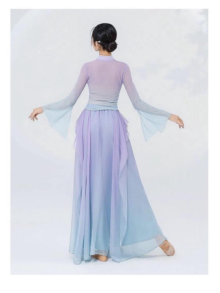 Purple Gradient Classical Dance Qipao Dress - Flowing Collar Performance Costume for Women