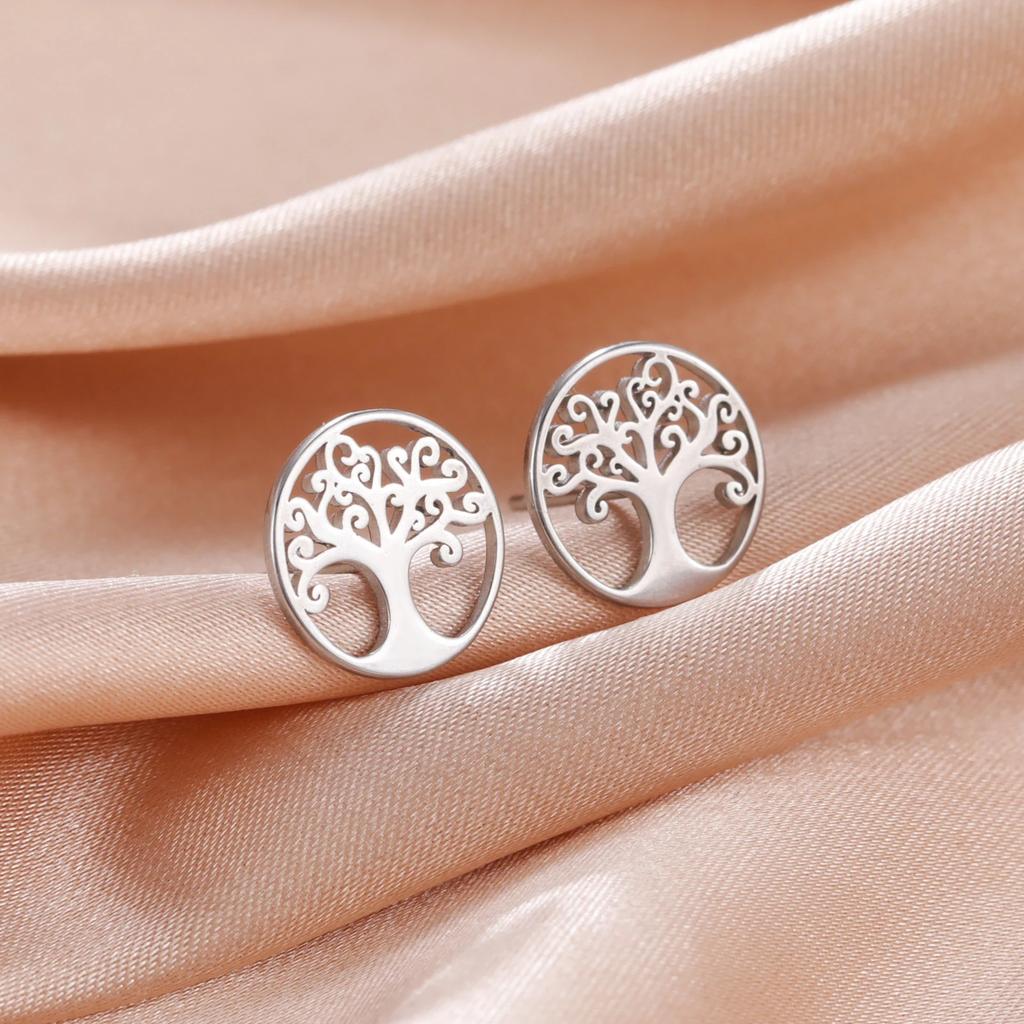 Tree of Life Stud Earring Stainless Steel Gold Amulet Ear Stud Vintage Jewelry Birthday Gift for Mother Friends