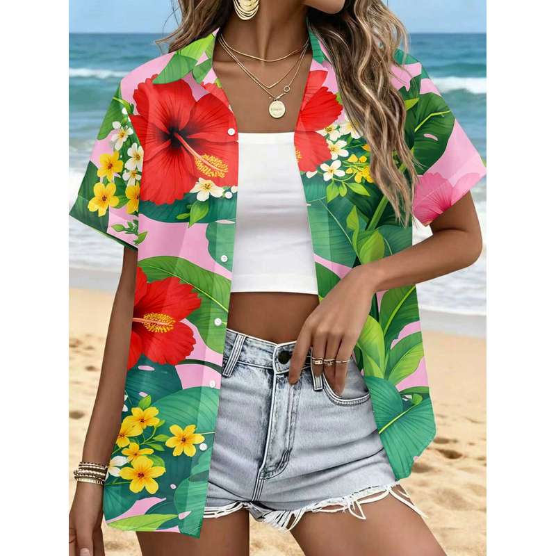 Women's Casual Short-Sleeve Button-Up Shirt Hibiscus Flower Pattern Green Leaves Foundation Shade Machine Washable Fashion Top