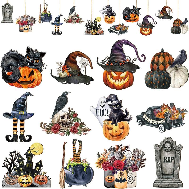 

36Pcs Halloween Wooden Pendant with Rope Pumpkin Bat Ghost Hanging Ornament Tags for Halloween Party Tree Decoration DIY Crafts