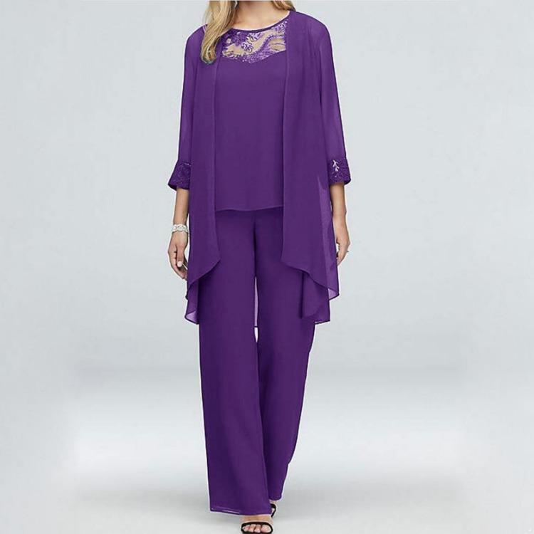 

Элегантные брючные костюмы для матери невесты больших размеров, комплект из 3 предметов, женский свадебный формальный шифоновый вечерний наряд XL фиолетовый