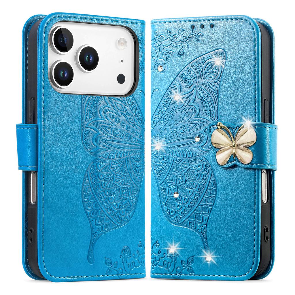 For iPhone 17 Pro Case 3D Rhinestone Decor Butterfly Flower Leather Phone Cover with Wrist Strap