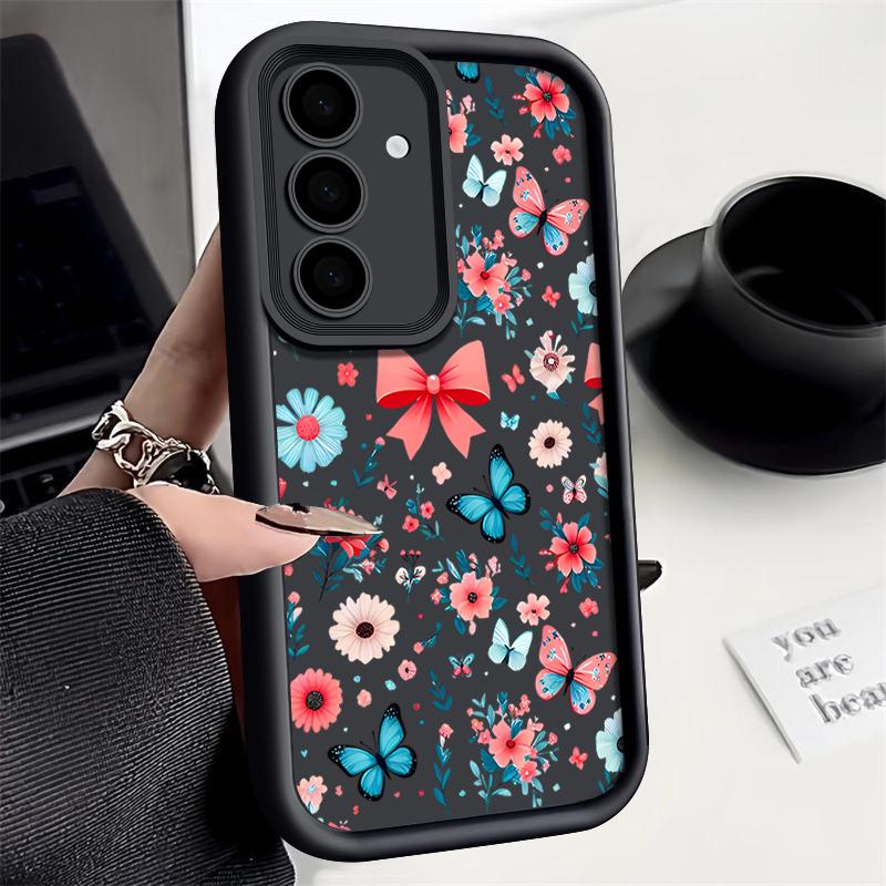 Butterfly Floral Pattern Anti-Fall Case For Samsung S25 Ultra S24 FE S23 S22 A56 A36 A26 A16 A15 A35 Matte Shockproof TPU Soft Phone Cover