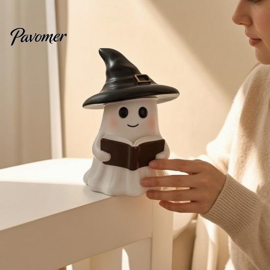 Literary Reading Ghost Decor Halloween Figurine with LED Light, Resin Witch Hat Statue Decorative Guitar/Book, Cute Luminous Sculpture for Home