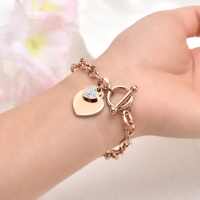 1pc Stainless Steel Bracelet With Heart Pendant, Double Heart OT Buckle Couple Bracelet Unisex